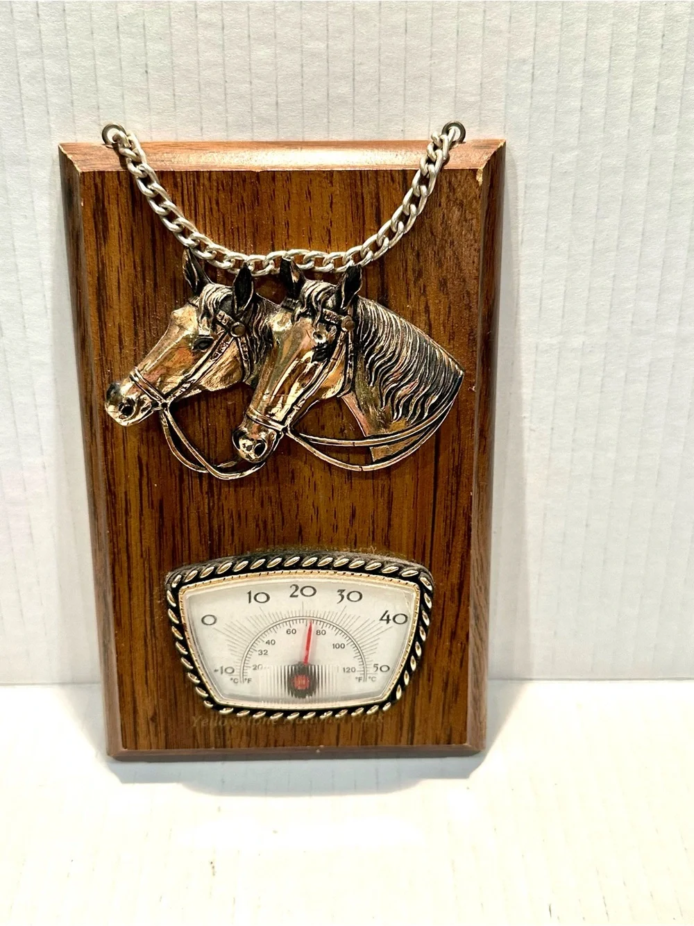 Vintage Brass/metal Horse Head Wooden Wall Thermometer Plaque -  Brown 1x4.5x7